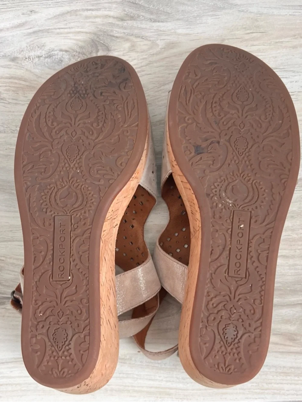 Rockport TruTECH Briah Perforated Wedge Sandals Taupe Leather Slingback 8.5